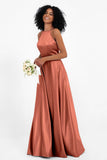 Simple Satin Halter Bridesmaid Dress Sleeveless Ruched Formal Evening Dresses Gowns