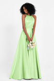 Simple Satin Halter Bridesmaid Dress Sleeveless Ruched Formal Evening Dresses Gowns