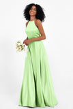 Simple Satin Halter Bridesmaid Dress Sleeveless Ruched Formal Evening Dresses Gowns
