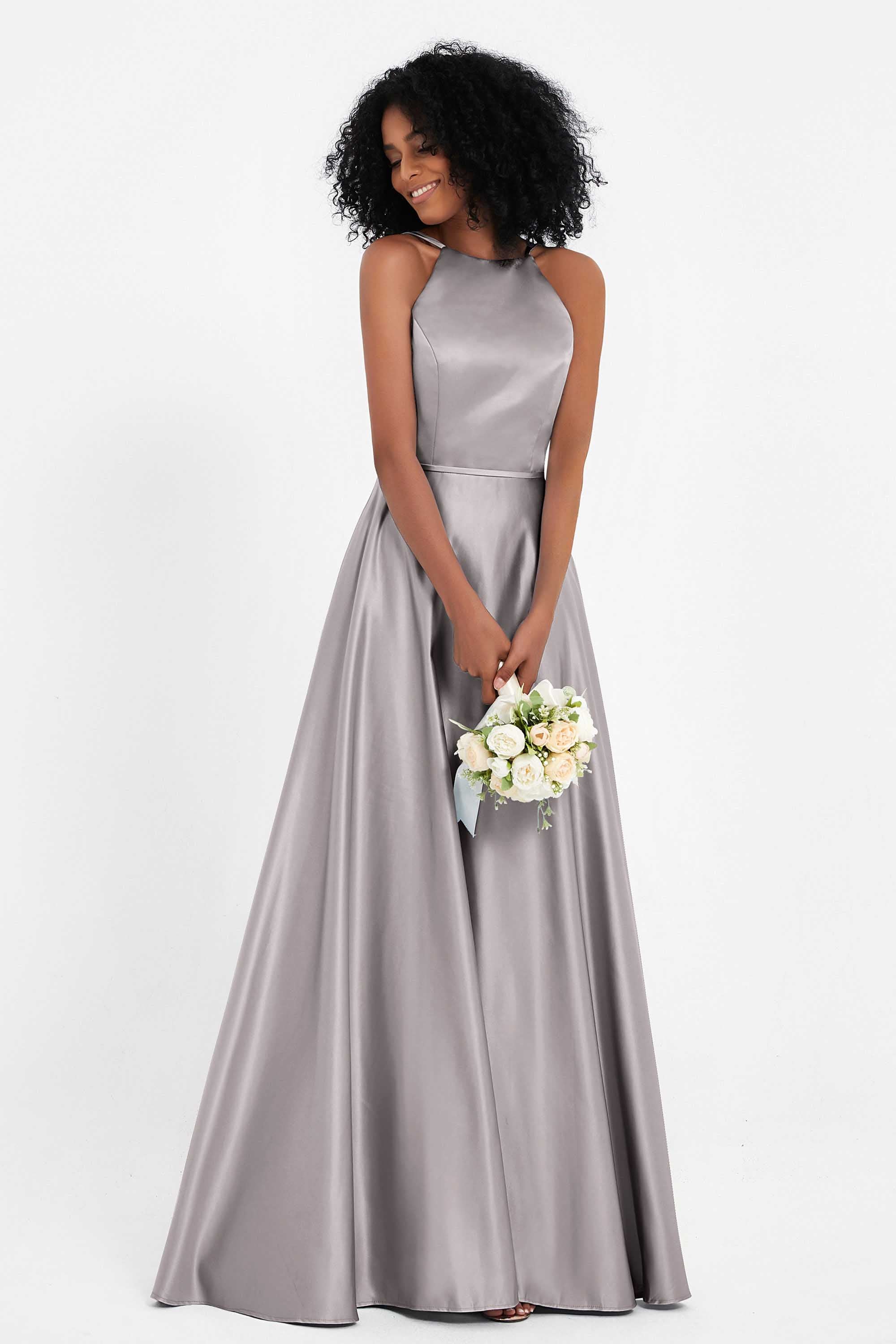 Simple Satin Halter Bridesmaid Dress Sleeveless Ruched Formal Evening Dresses Gowns