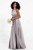 Simple Satin Halter Bridesmaid Dress Sleeveless Ruched Formal Evening Dresses Gowns