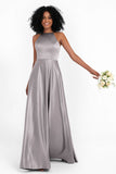 Simple Satin Halter Bridesmaid Dress Sleeveless Ruched Formal Evening Dresses Gowns