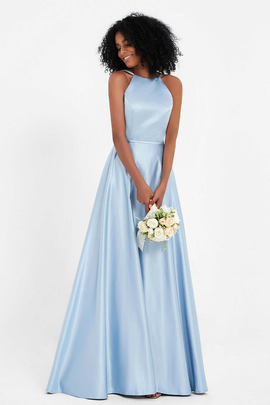 Simple Satin Halter Bridesmaid Dress Sleeveless Ruched Formal Evening Dresses Gowns