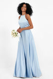 Simple Satin Halter Bridesmaid Dress Sleeveless Ruched Formal Evening Dresses Gowns