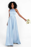 Simple Satin Halter Bridesmaid Dress Sleeveless Ruched Formal Evening Dresses Gowns