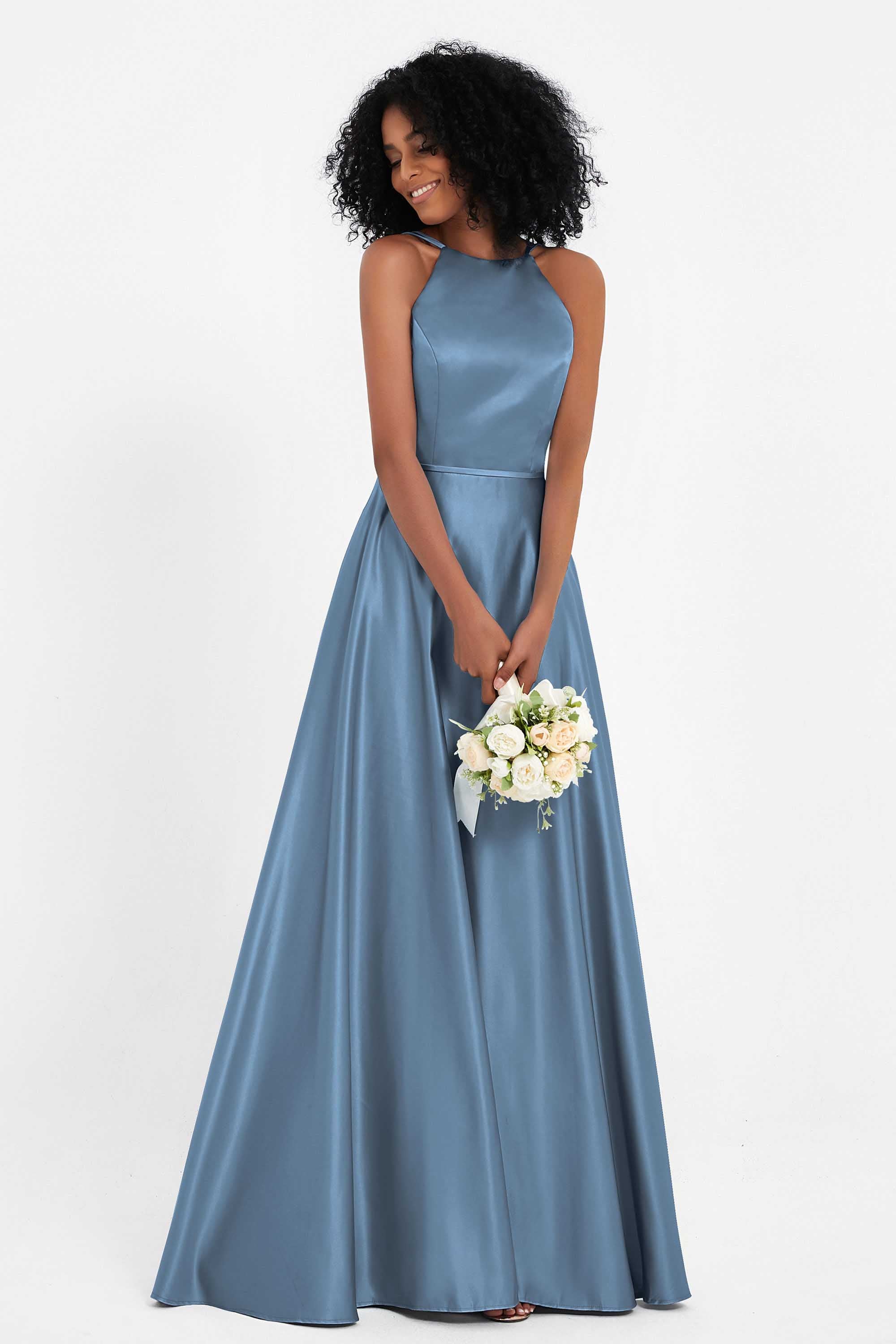 Simple Satin Halter Bridesmaid Dress Sleeveless Ruched Formal Evening Dresses Gowns