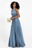 Simple Satin Halter Bridesmaid Dress Sleeveless Ruched Formal Evening Dresses Gowns