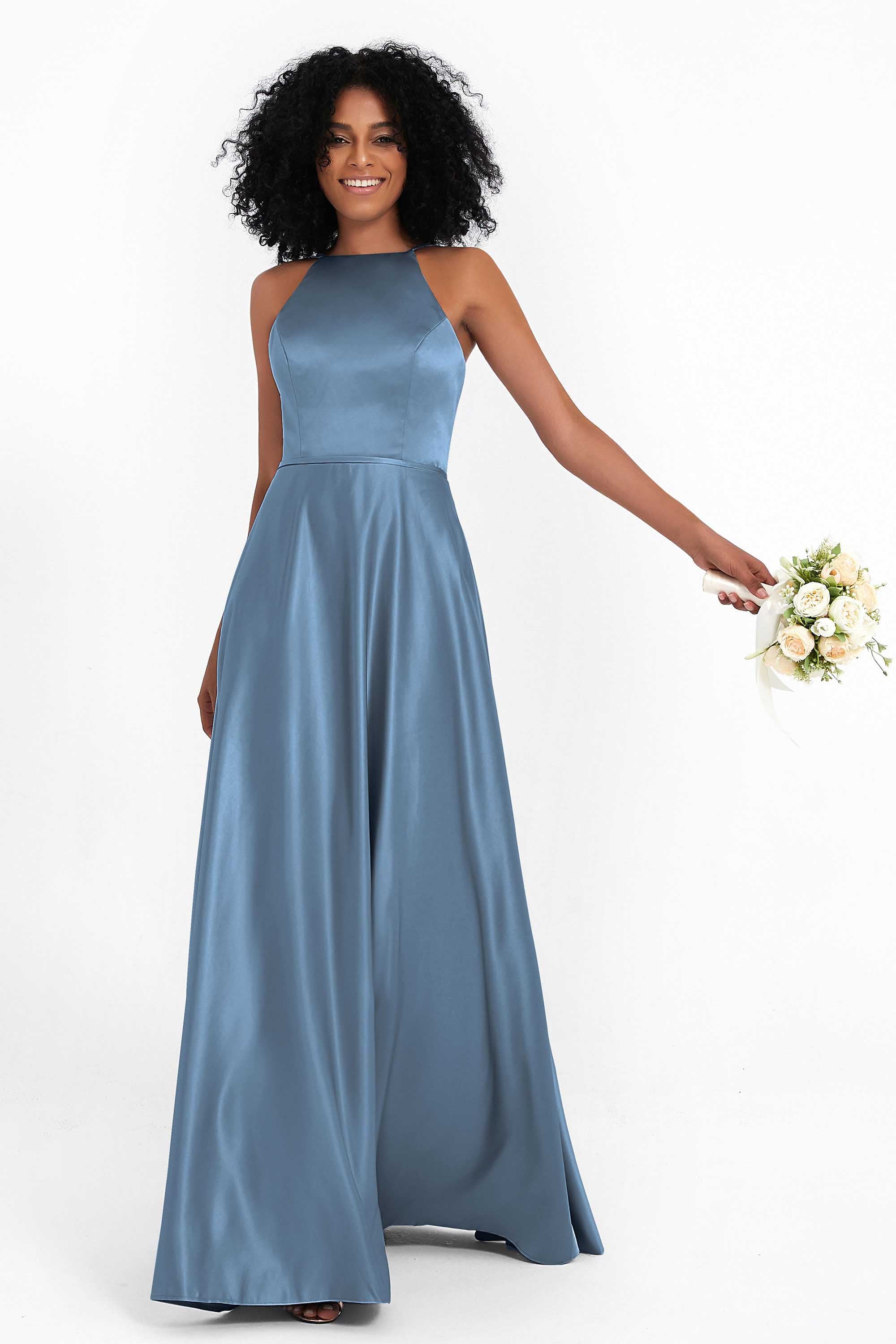 Simple Satin Halter Bridesmaid Dress Sleeveless Ruched Formal Evening Dresses Gowns