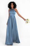 Simple Satin Halter Bridesmaid Dress Sleeveless Ruched Formal Evening Dresses Gowns