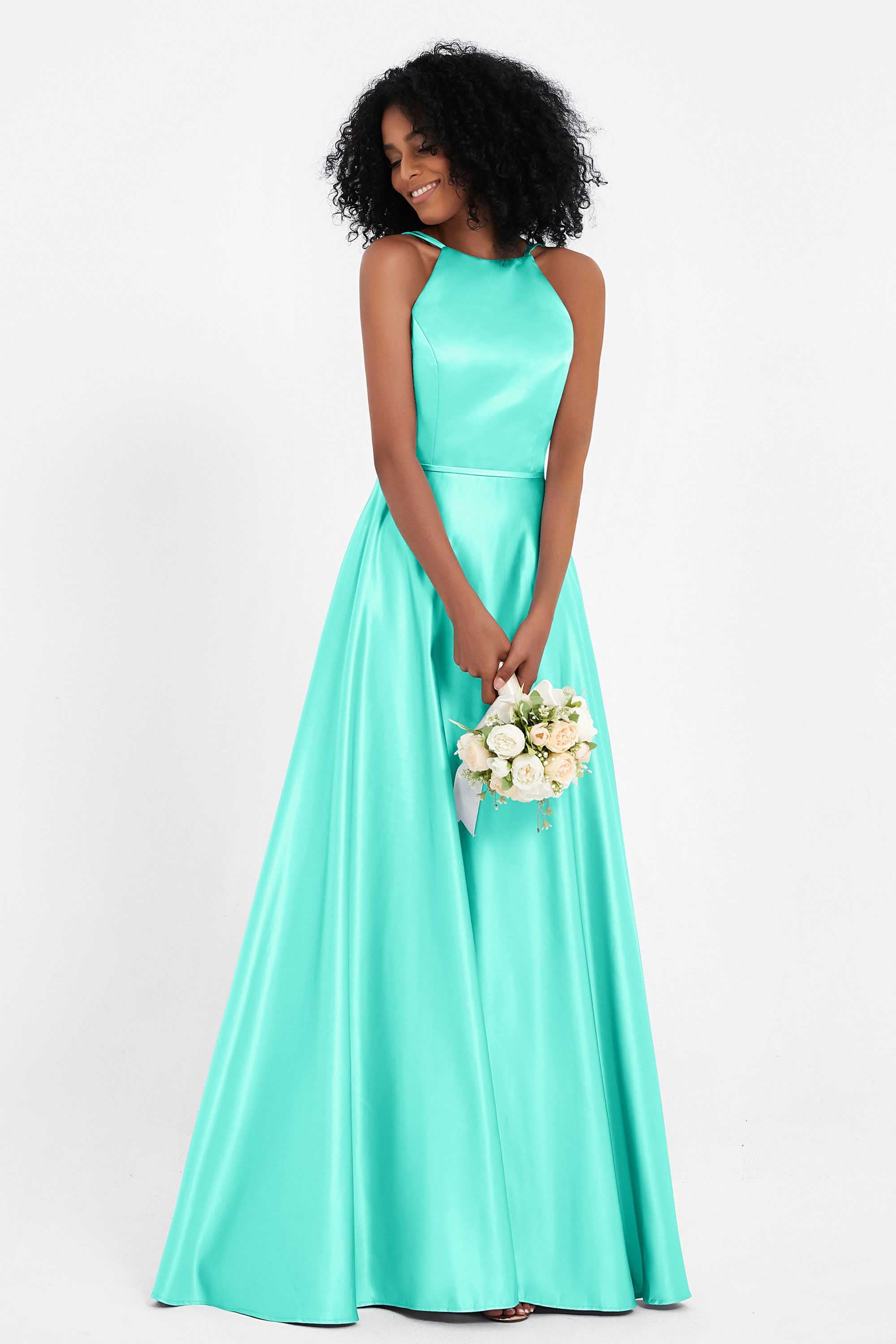 Simple Satin Halter Bridesmaid Dress Sleeveless Ruched Formal Evening Dresses Gowns