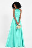 Simple Satin Halter Bridesmaid Dress Sleeveless Ruched Formal Evening Dresses Gowns