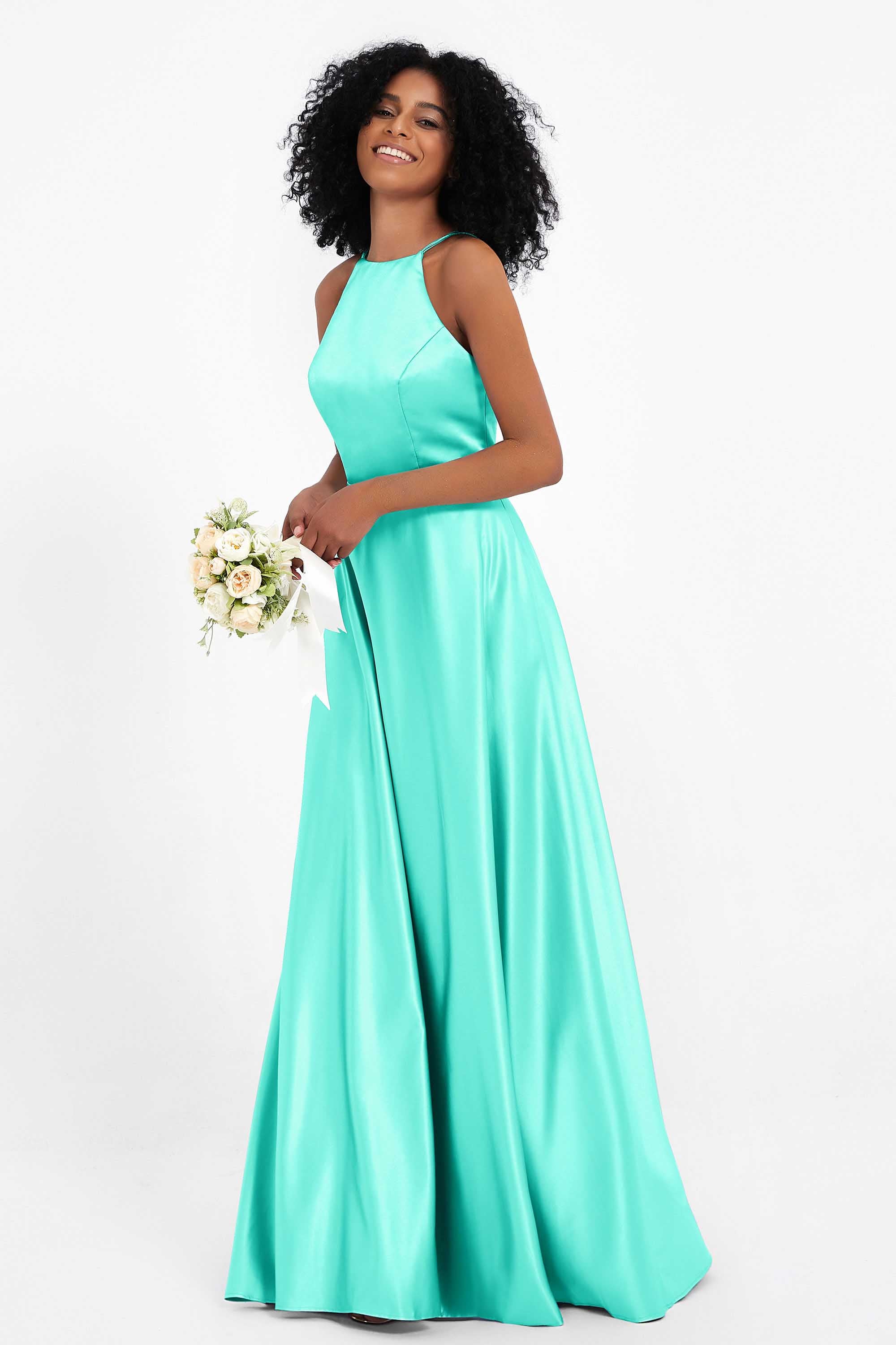 Simple Satin Halter Bridesmaid Dress Sleeveless Ruched Formal Evening Dresses Gowns