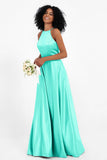 Simple Satin Halter Bridesmaid Dress Sleeveless Ruched Formal Evening Dresses Gowns