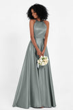 Simple Satin Halter Bridesmaid Dress Sleeveless Ruched Formal Evening Dresses Gowns