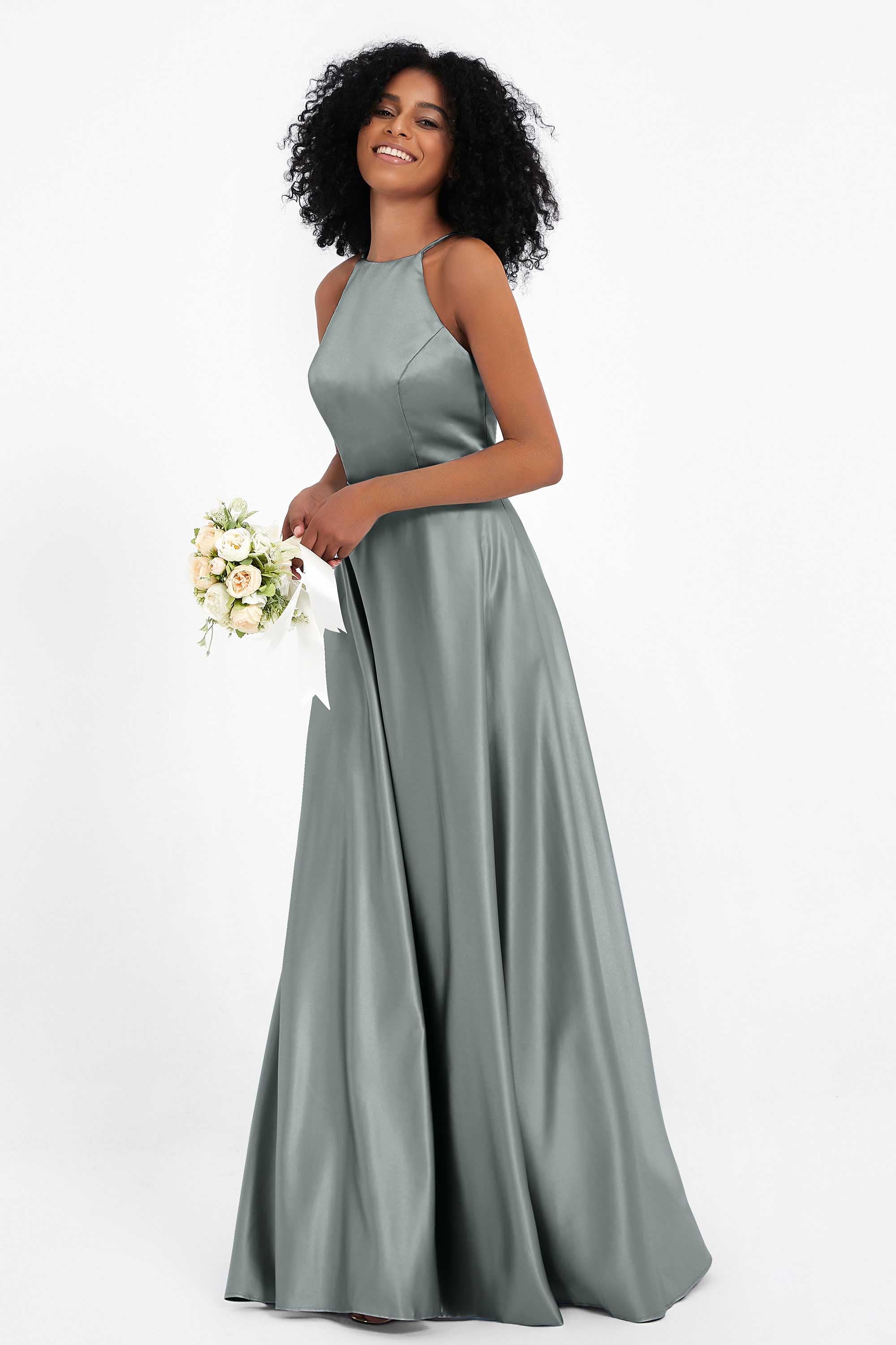 Simple Satin Halter Bridesmaid Dress Sleeveless Ruched Formal Evening Dresses Gowns