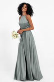 Simple Satin Halter Bridesmaid Dress Sleeveless Ruched Formal Evening Dresses Gowns