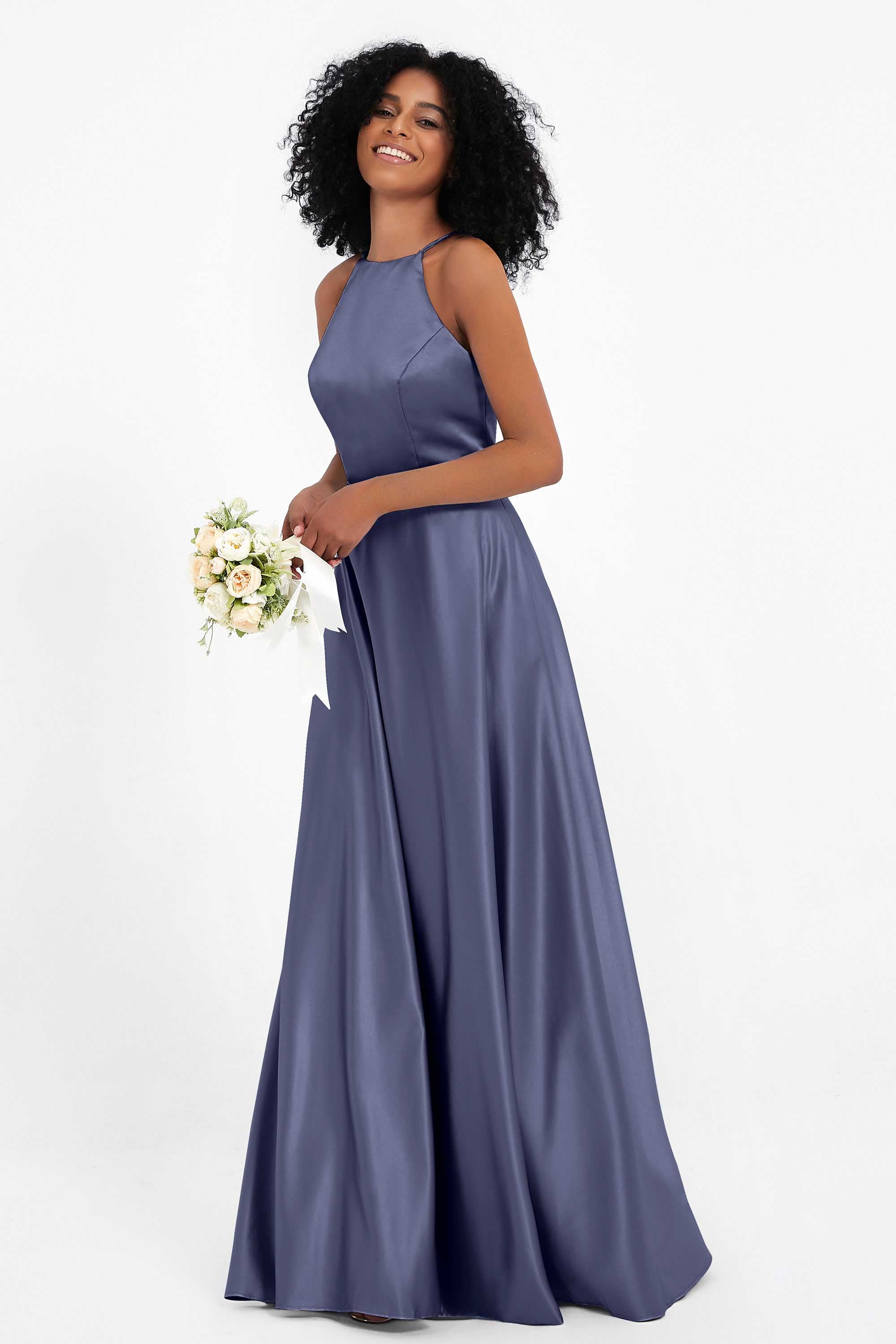 Simple Satin Halter Bridesmaid Dress Sleeveless Ruched Formal Evening Dresses Gowns