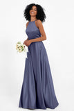 Simple Satin Halter Bridesmaid Dress Sleeveless Ruched Formal Evening Dresses Gowns