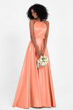 Simple Satin Halter Bridesmaid Dress Sleeveless Ruched Formal Evening Dresses Gowns