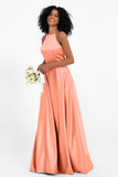 Simple Satin Halter Bridesmaid Dress Sleeveless Ruched Formal Evening Dresses Gowns
