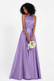 Simple Satin Halter Bridesmaid Dress Sleeveless Ruched Formal Evening Dresses Gowns