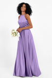 Simple Satin Halter Bridesmaid Dress Sleeveless Ruched Formal Evening Dresses Gowns