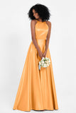 Simple Satin Halter Bridesmaid Dress Sleeveless Ruched Formal Evening Dresses Gowns