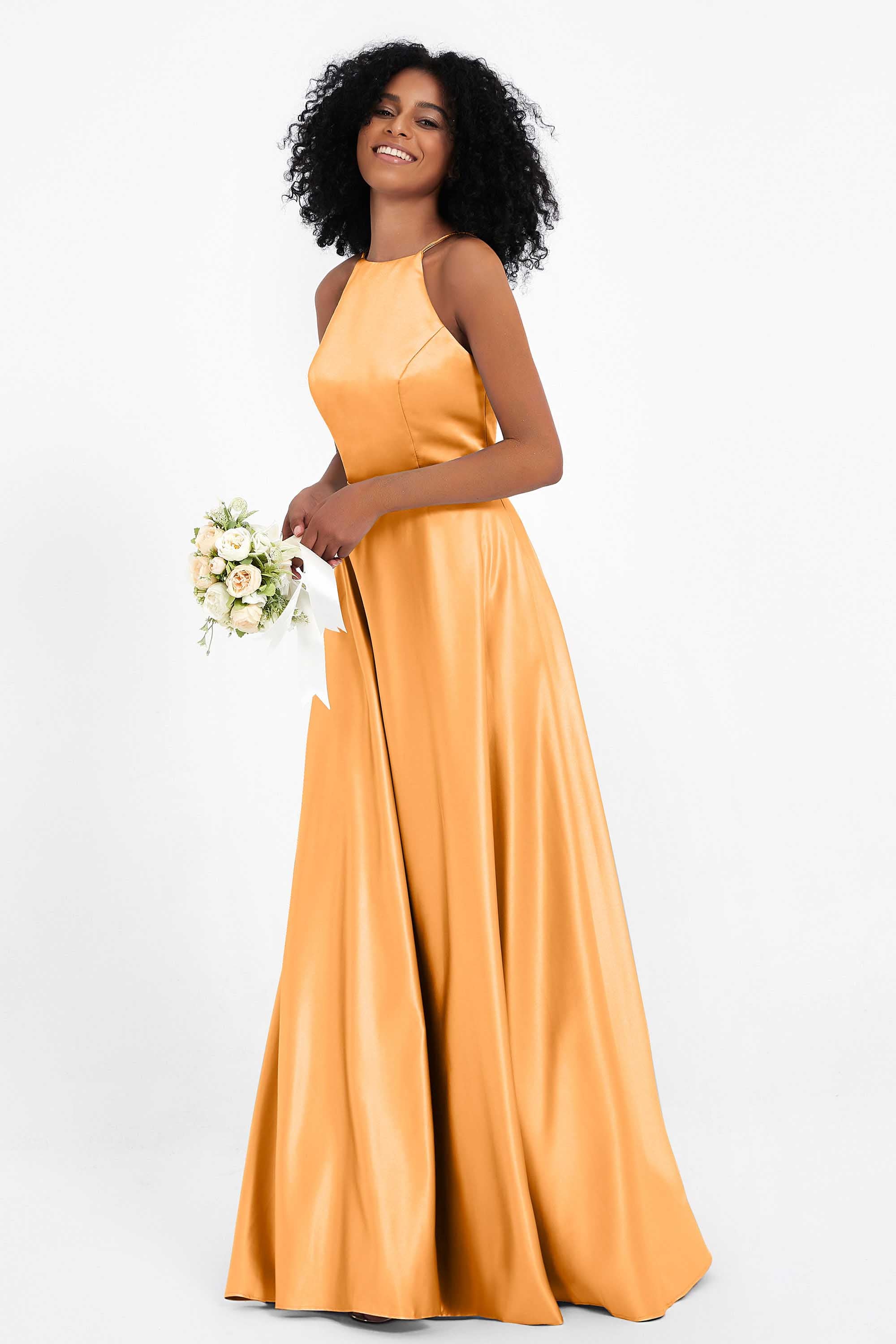 Simple Satin Halter Bridesmaid Dress Sleeveless Ruched Formal Evening Dresses Gowns