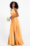 Simple Satin Halter Bridesmaid Dress Sleeveless Ruched Formal Evening Dresses Gowns