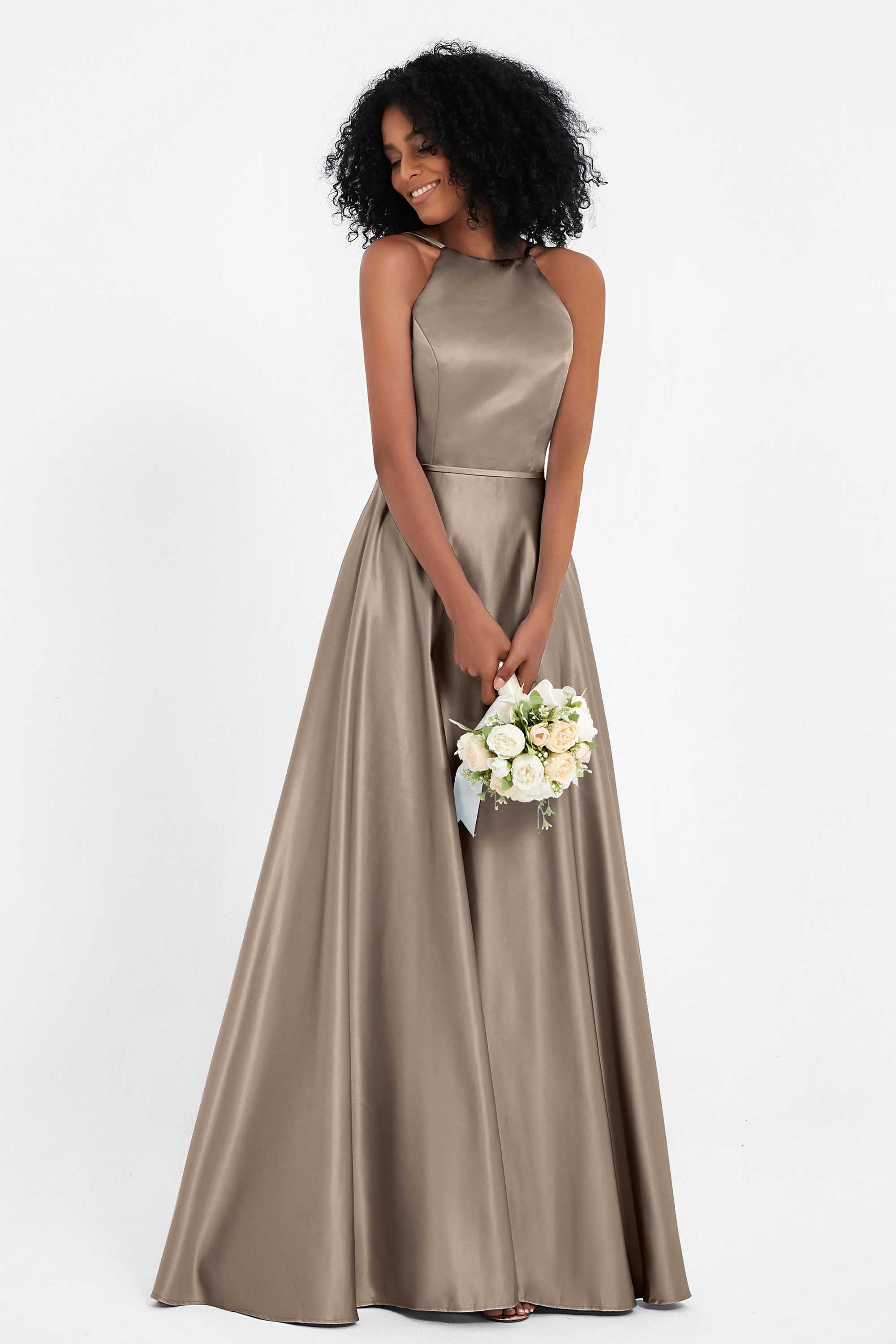 Simple Satin Halter Bridesmaid Dress Sleeveless Ruched Formal Evening Dresses Gowns