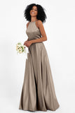 Simple Satin Halter Bridesmaid Dress Sleeveless Ruched Formal Evening Dresses Gowns
