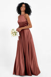 Simple Satin Halter Bridesmaid Dress Sleeveless Ruched Formal Evening Dresses Gowns
