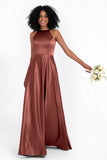 Simple Satin Halter Bridesmaid Dress Sleeveless Ruched Formal Evening Dresses Gowns