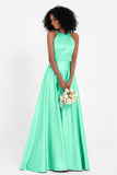 Simple Satin Halter Bridesmaid Dress Sleeveless Ruched Formal Evening Dresses Gowns