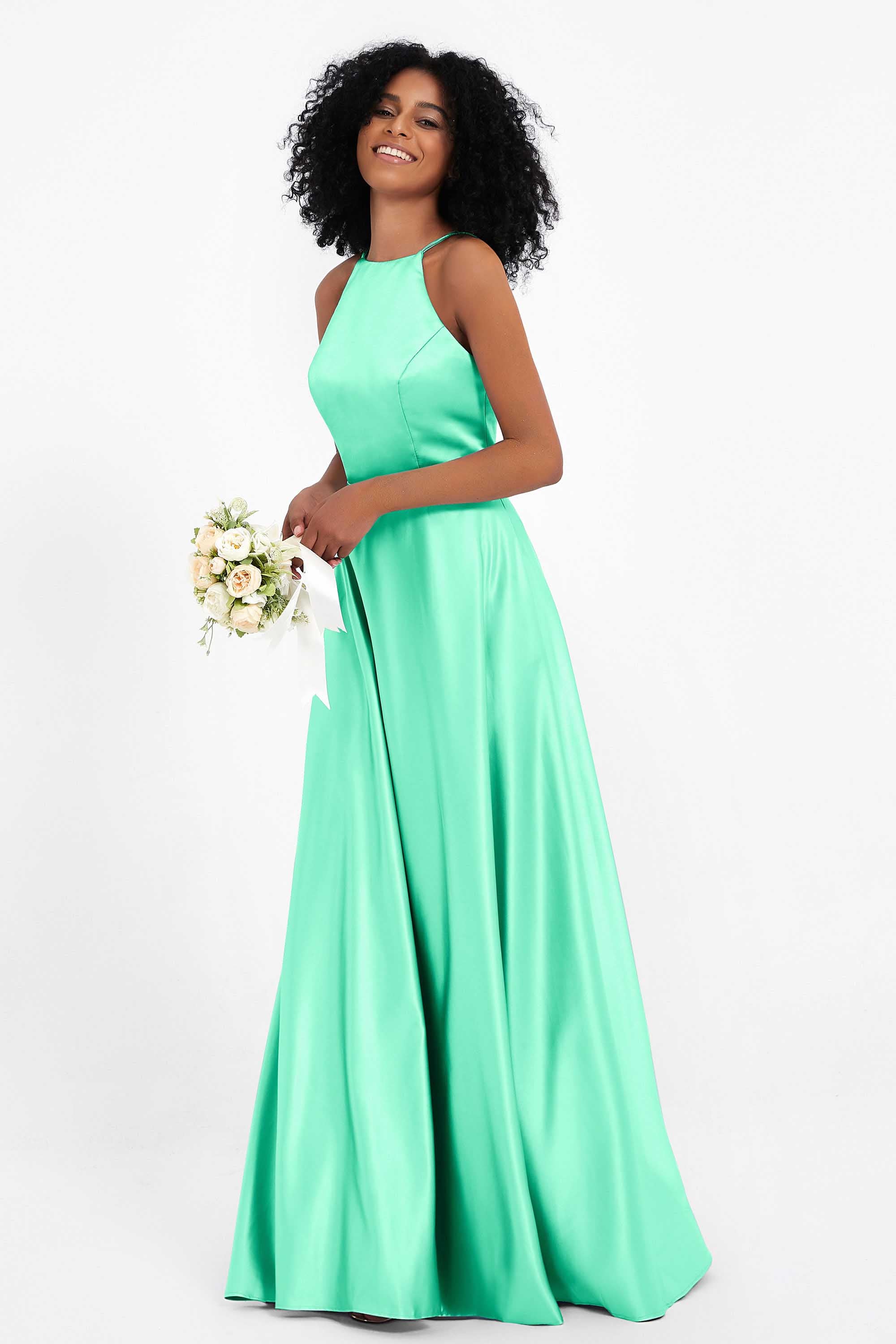 Simple Satin Halter Bridesmaid Dress Sleeveless Ruched Formal Evening Dresses Gowns