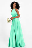 Simple Satin Halter Bridesmaid Dress Sleeveless Ruched Formal Evening Dresses Gowns