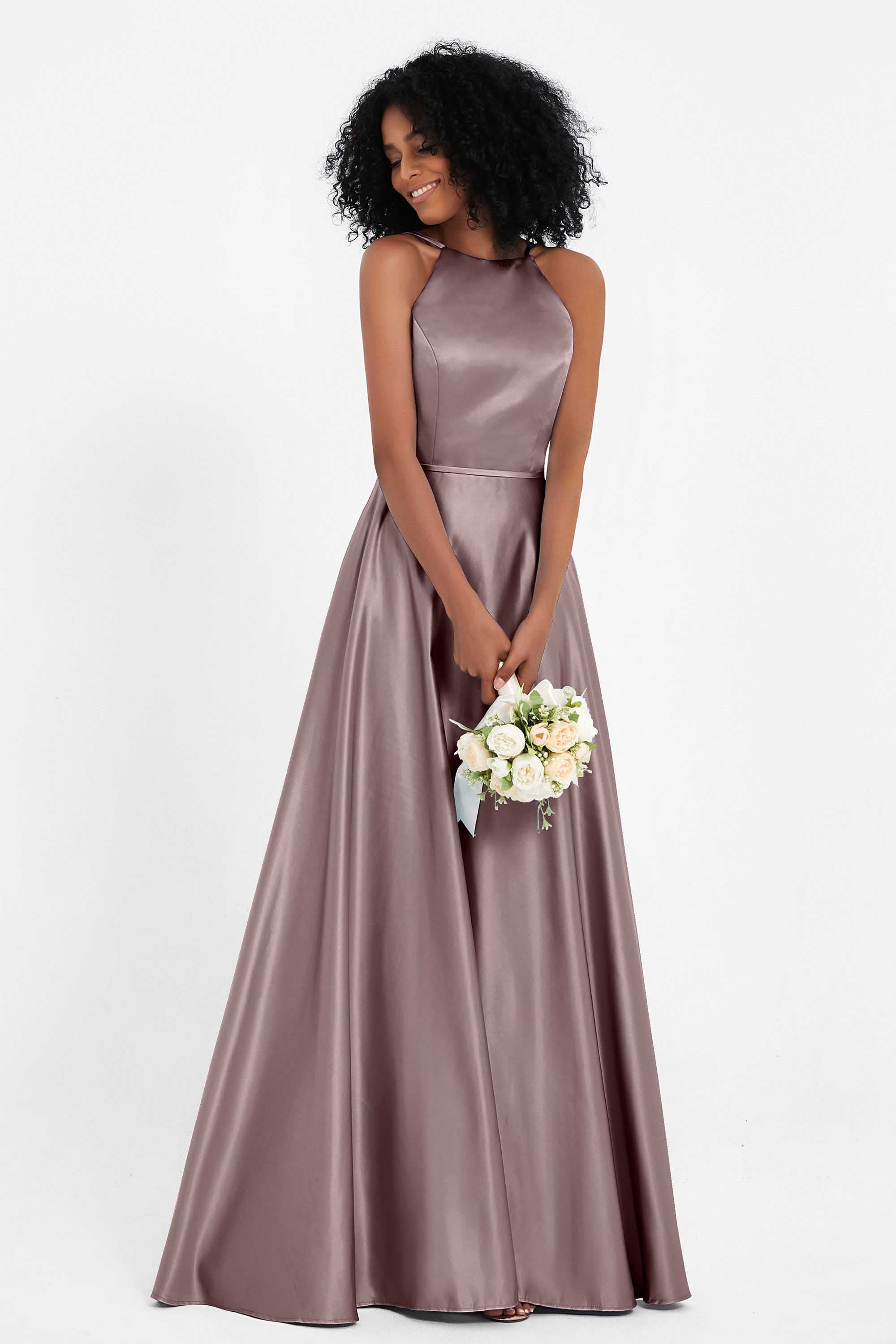 Simple Satin Halter Bridesmaid Dress Sleeveless Ruched Formal Evening Dresses Gowns