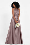 Simple Satin Halter Bridesmaid Dress Sleeveless Ruched Formal Evening Dresses Gowns