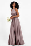 Simple Satin Halter Bridesmaid Dress Sleeveless Ruched Formal Evening Dresses Gowns