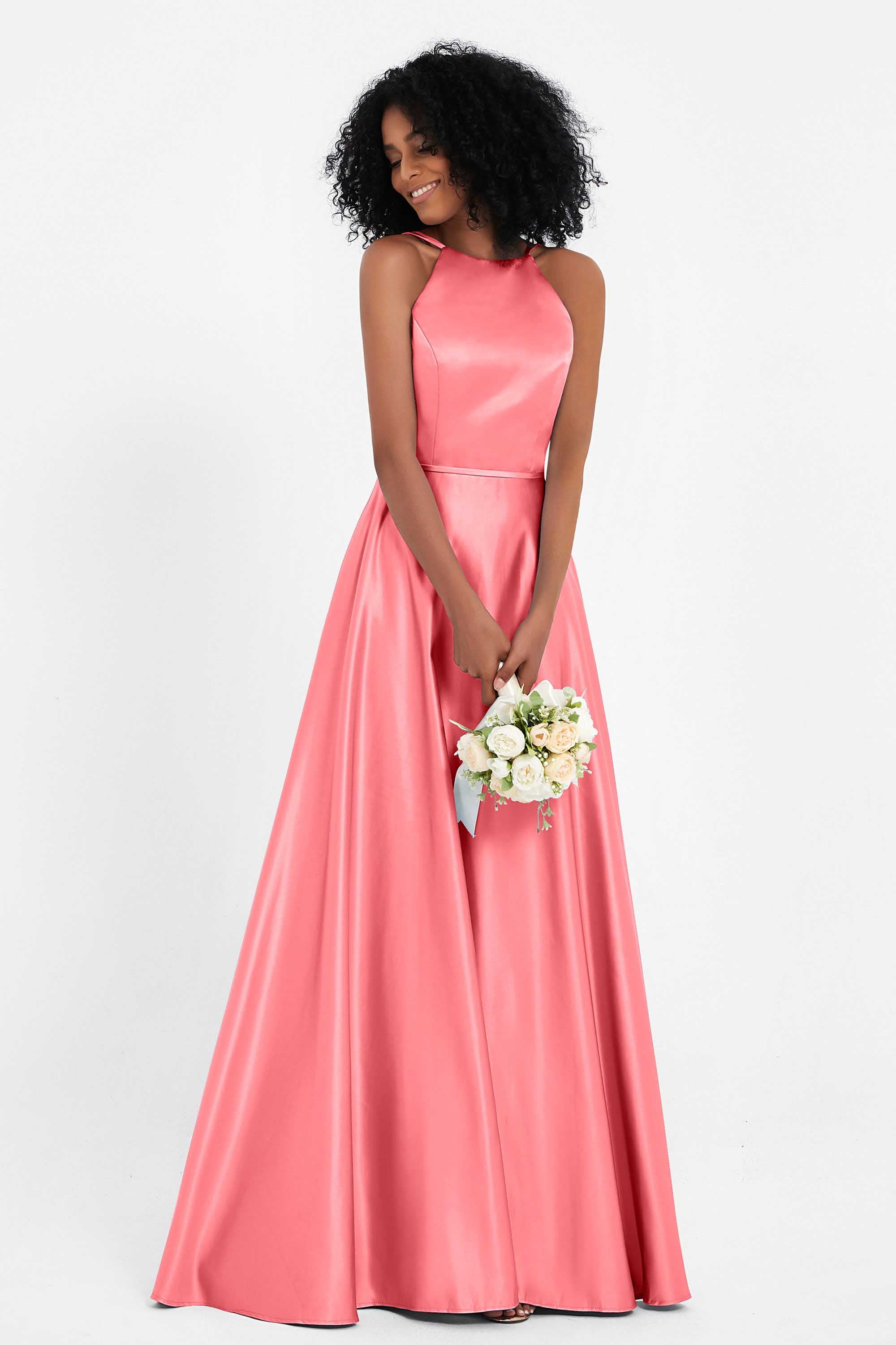 Simple Satin Halter Bridesmaid Dress Sleeveless Ruched Formal Evening Dresses Gowns