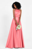 Simple Satin Halter Bridesmaid Dress Sleeveless Ruched Formal Evening Dresses Gowns