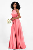 Simple Satin Halter Bridesmaid Dress Sleeveless Ruched Formal Evening Dresses Gowns