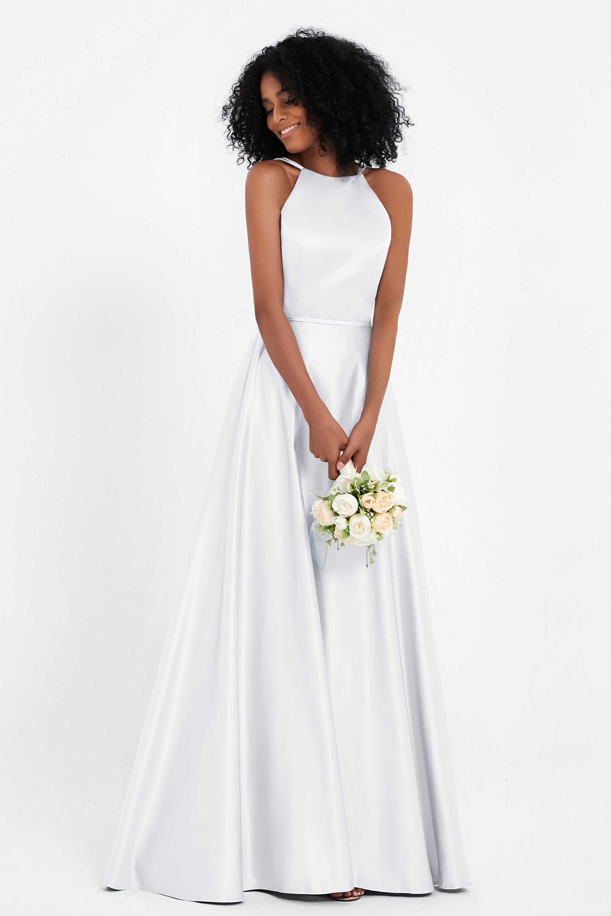 Simple Satin Halter Bridesmaid Dress Sleeveless Ruched Formal Evening Dresses Gowns