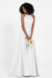 Simple Satin Halter Bridesmaid Dress Sleeveless Ruched Formal Evening Dresses Gowns