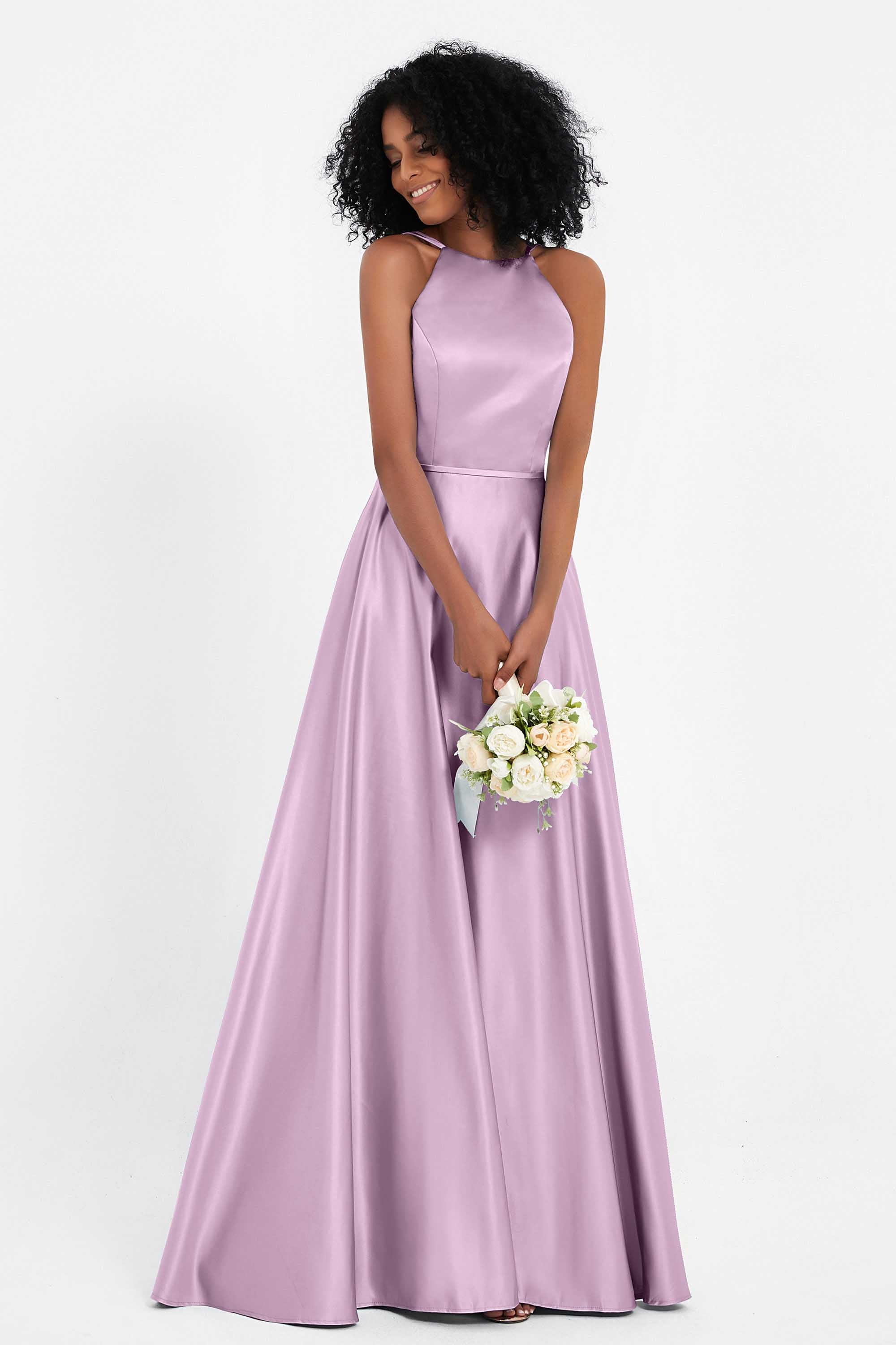 Simple Satin Halter Bridesmaid Dress Sleeveless Ruched Formal Evening Dresses Gowns