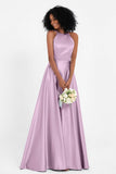 Simple Satin Halter Bridesmaid Dress Sleeveless Ruched Formal Evening Dresses Gowns