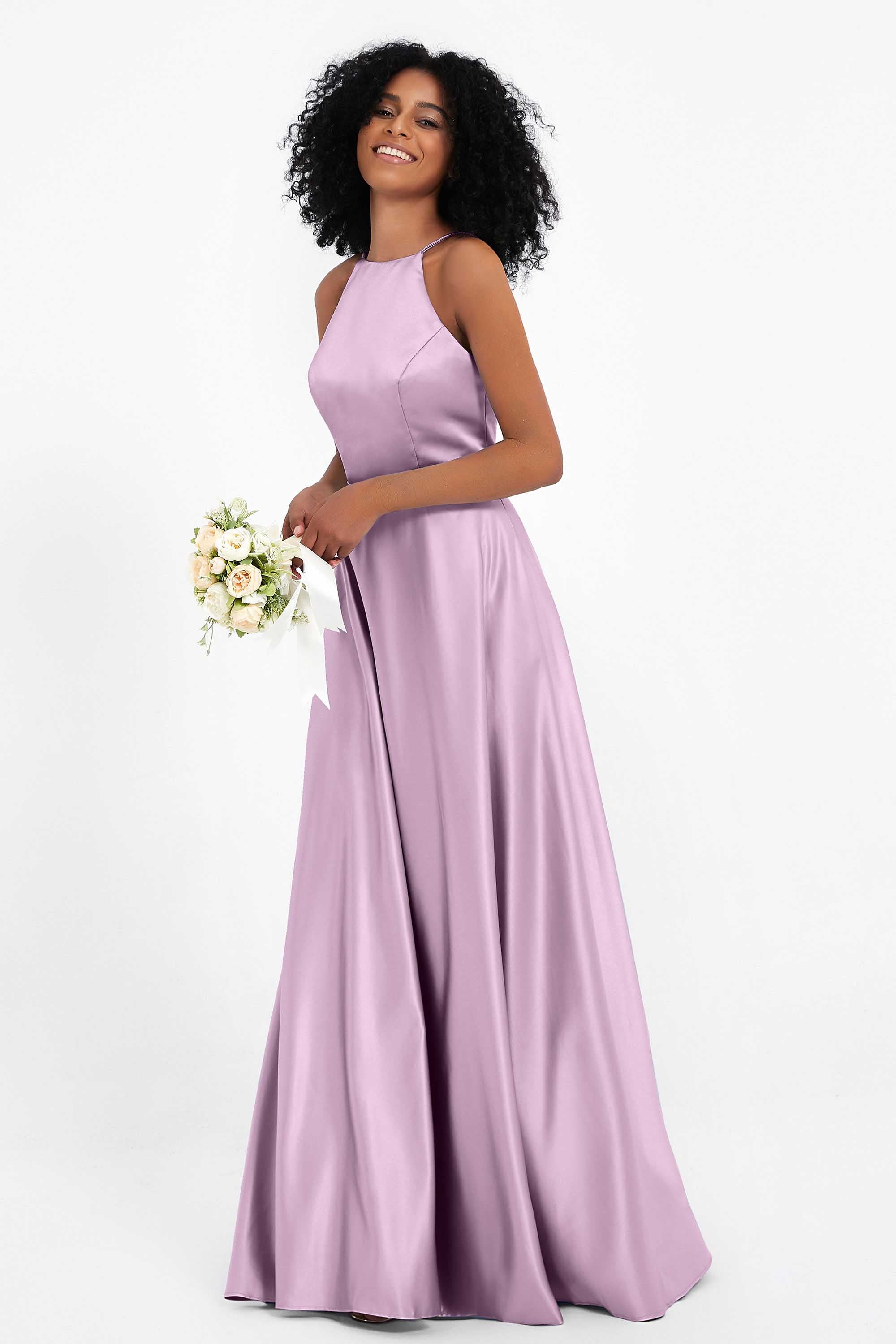 Simple Satin Halter Bridesmaid Dress Sleeveless Ruched Formal Evening Dresses Gowns