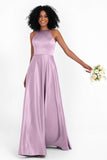 Simple Satin Halter Bridesmaid Dress Sleeveless Ruched Formal Evening Dresses Gowns