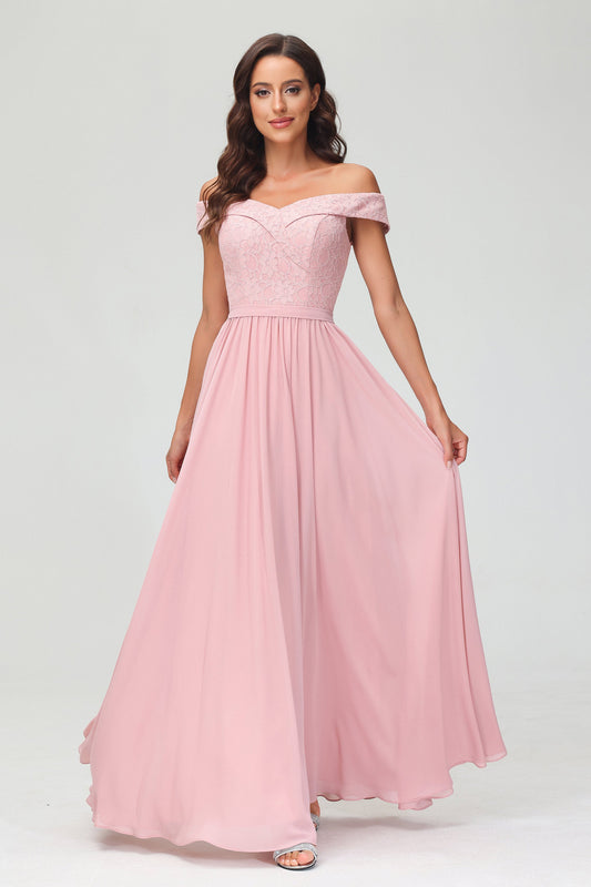 Off the Shoulder Flowy Bottom Skirt Formal Evening Dresses Chiffon Bridesmaid Party Gowns