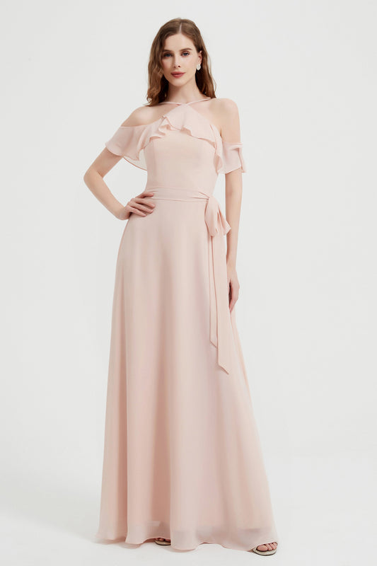 Natural Flutter Sleeves Halter Bridesmaid Dresses Chiffon A-Line Ruffle Sashes/Ribbons Bow Evening Dress